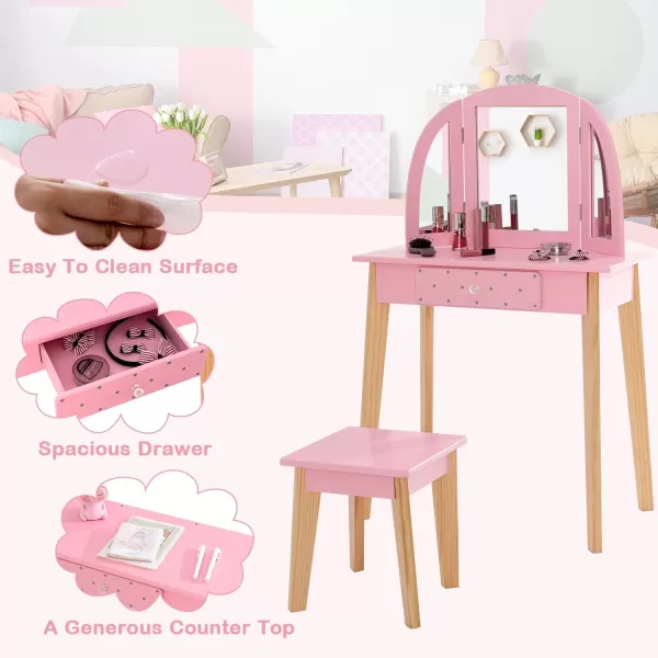 INFANS Kids Vanity Table and Chair Set, Pretend Beauty Play Vanity Set with Tri-Folding Mirror Drawer Stool and Detachable Top, 2 in 1 Wooden Princess Makeup Dressing Table for Girls