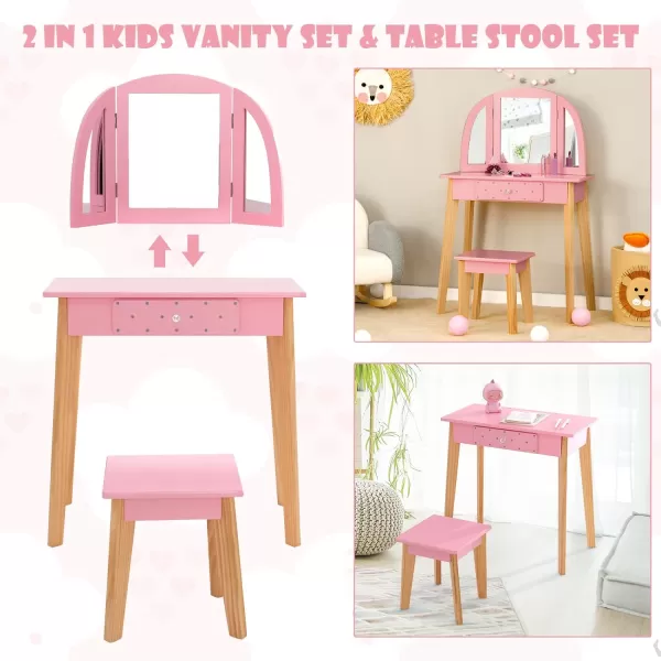 INFANS Kids Vanity Table and Chair Set, Pretend Beauty Play Vanity Set with Tri-Folding Mirror Drawer Stool and Detachable Top, 2 in 1 Wooden Princess Makeup Dressing Table for Girls