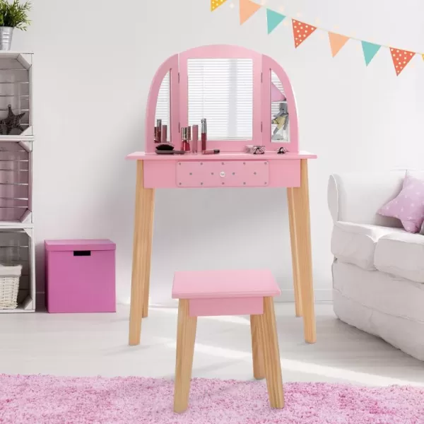 INFANS Kids Vanity Table and Chair Set, Pretend Beauty Play Vanity Set with Tri-Folding Mirror Drawer Stool and Detachable Top, 2 in 1 Wooden Princess Makeup Dressing Table for Girls