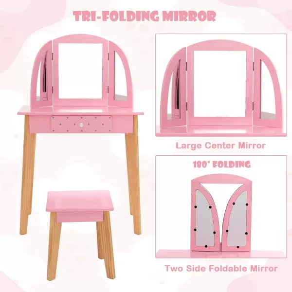 INFANS Kids Vanity Table and Chair Set, Pretend Beauty Play Vanity Set with Tri-Folding Mirror Drawer Stool and Detachable Top, 2 in 1 Wooden Princess Makeup Dressing Table for Girls