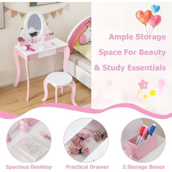 INFANS Kids Vanity with 360° Rotating Mirror and Drawing Board, 2 in 1 Princess Makeup Dressing Table and Stool with Accessories, Drawers, Wooden Play Vanity Set for Little Girls