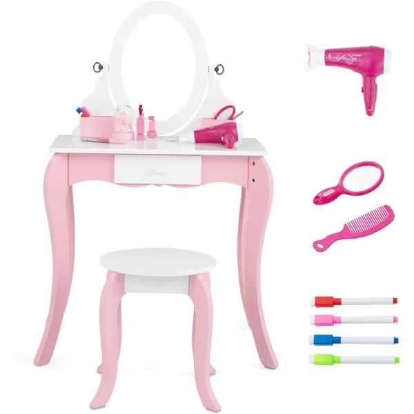 INFANS Kids Vanity with 360° Rotating Mirror and Drawing Board, 2 in 1 Princess Makeup Dressing Table and Stool with Accessories, Drawers, Wooden Play Vanity Set for Little Girls