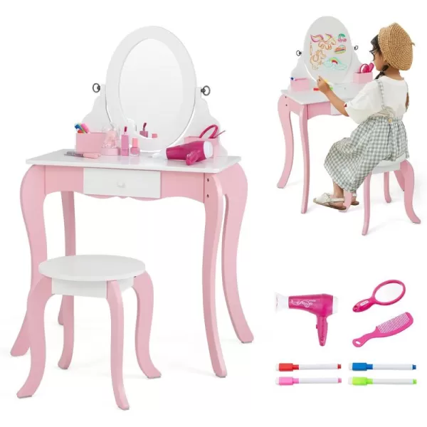 INFANS Kids Vanity with 360° Rotating Mirror and Drawing Board, 2 in 1 Princess Makeup Dressing Table and Stool with Accessories, Drawers, Wooden Play Vanity Set for Little Girls