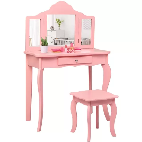 INFANS Kids Wooden Princess Vanity Table &amp; Chair Set, 2-in-1 Toddler Vanity Table with Stool, Tri-Folding Mirror,Large Drawer, Pretend Beauty Make Up Dressing Play Set for Little Girls