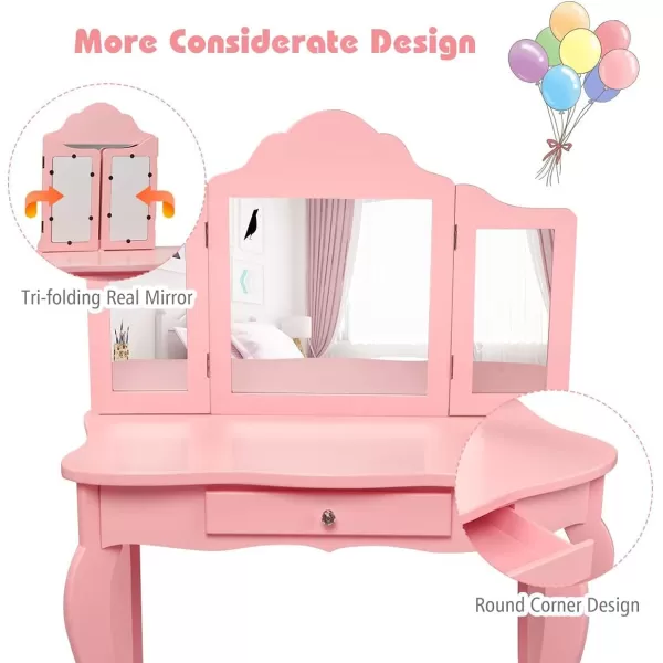INFANS Kids Wooden Princess Vanity Table &amp; Chair Set, 2-in-1 Toddler Vanity Table with Stool, Tri-Folding Mirror,Large Drawer, Pretend Beauty Make Up Dressing Play Set for Little Girls