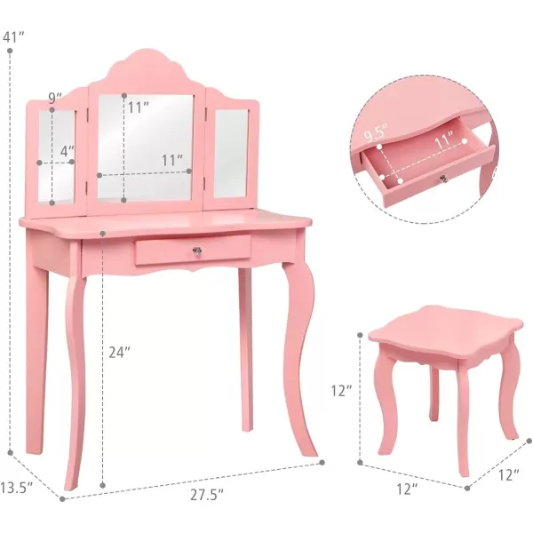 INFANS Kids Wooden Princess Vanity Table &amp; Chair Set, 2-in-1 Toddler Vanity Table with Stool, Tri-Folding Mirror,Large Drawer, Pretend Beauty Make Up Dressing Play Set for Little Girls