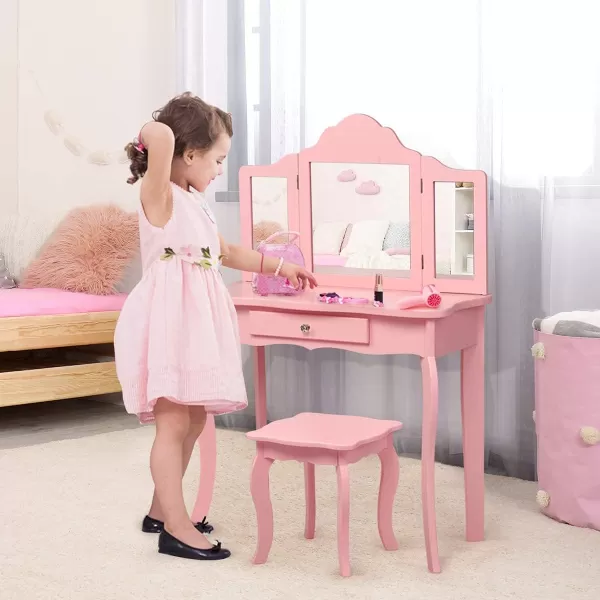 INFANS Kids Wooden Princess Vanity Table &amp; Chair Set, 2-in-1 Toddler Vanity Table with Stool, Tri-Folding Mirror,Large Drawer, Pretend Beauty Make Up Dressing Play Set for Little Girls