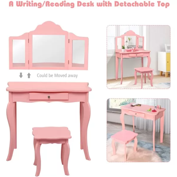 INFANS Kids Wooden Princess Vanity Table &amp; Chair Set, 2-in-1 Toddler Vanity Table with Stool, Tri-Folding Mirror,Large Drawer, Pretend Beauty Make Up Dressing Play Set for Little Girls