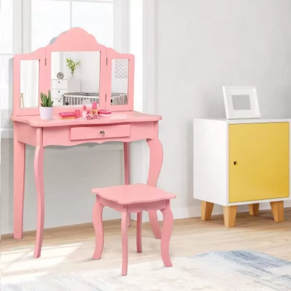 INFANS Kids Wooden Princess Vanity Table &amp; Chair Set, 2-in-1 Toddler Vanity Table with Stool, Tri-Folding Mirror,Large Drawer, Pretend Beauty Make Up Dressing Play Set for Little Girls