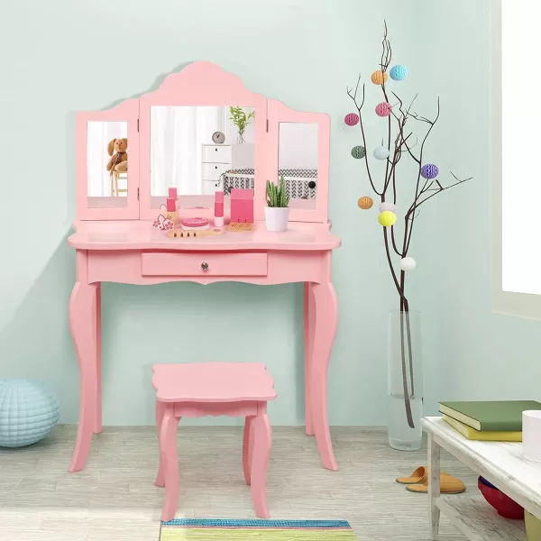 INFANS Kids Wooden Princess Vanity Table &amp; Chair Set, 2-in-1 Toddler Vanity Table with Stool, Tri-Folding Mirror,Large Drawer, Pretend Beauty Make Up Dressing Play Set for Little Girls
