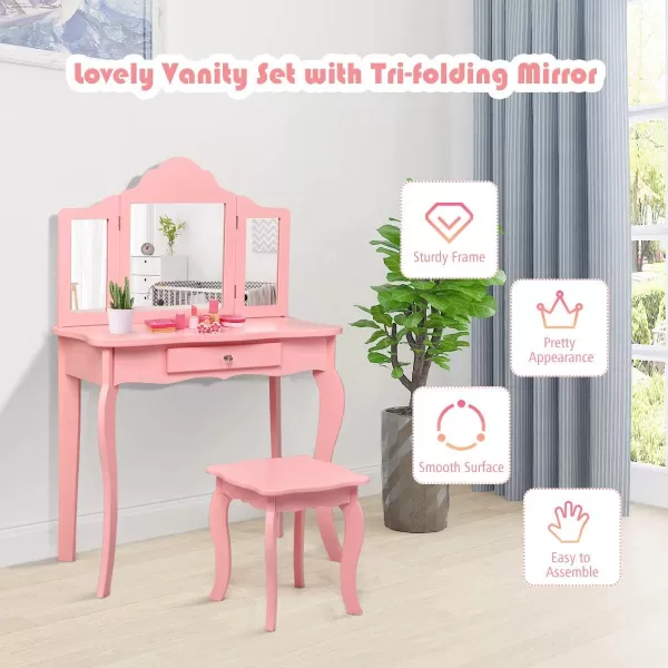 INFANS Kids Wooden Princess Vanity Table &amp; Chair Set, 2-in-1 Toddler Vanity Table with Stool, Tri-Folding Mirror,Large Drawer, Pretend Beauty Make Up Dressing Play Set for Little Girls