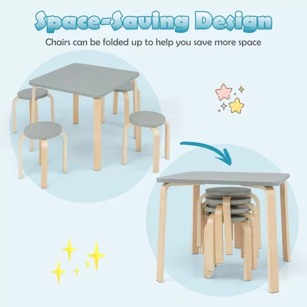 INFANS Kids Wooden Table and Stool Set, 5-Piece Activity Table with 4 Stools for Toddler Building Block Drawing Reading Art Crafts, Children Natural Furniture Set for Kindergarten Classroom