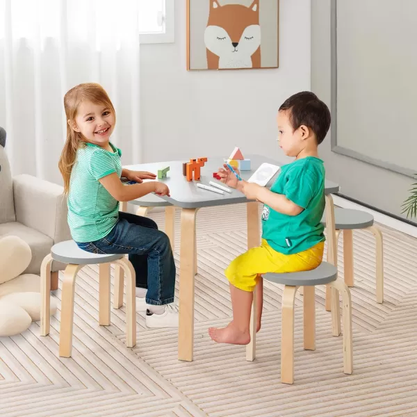 INFANS Kids Wooden Table and Stool Set, 5-Piece Activity Table with 4 Stools for Toddler Building Block Drawing Reading Art Crafts, Children Natural Furniture Set for Kindergarten Classroom