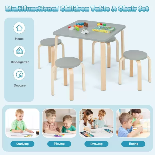 INFANS Kids Wooden Table and Stool Set, 5-Piece Activity Table with 4 Stools for Toddler Building Block Drawing Reading Art Crafts, Children Natural Furniture Set for Kindergarten Classroom