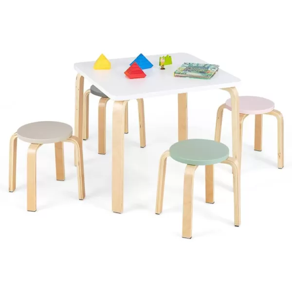 INFANS Kids Wooden Table and Stool Set, 5-Piece Activity Table with 4 Stools for Toddler Building Block Drawing Reading Art Crafts, Children Natural Furniture Set for Kindergarten Classroom