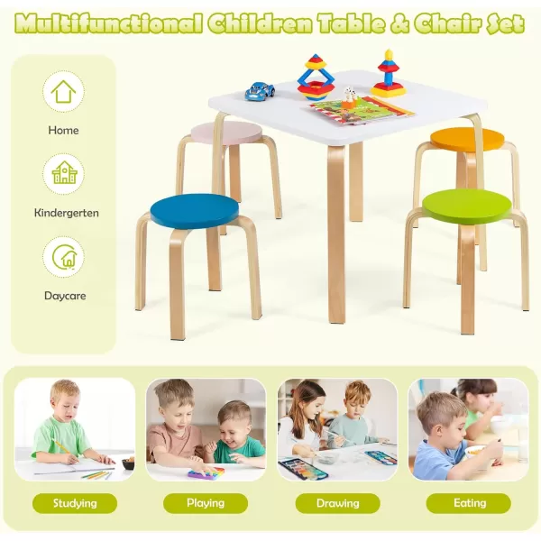 INFANS Kids Wooden Table and Stool Set, 5-Piece Activity Table with 4 Stools for Toddler Building Block Drawing Reading Art Crafts, Children Natural Furniture Set for Kindergarten Classroom