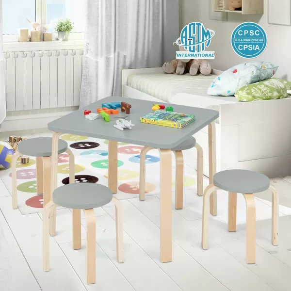INFANS Kids Wooden Table and Stool Set, 5-Piece Activity Table with 4 Stools for Toddler Building Block Drawing Reading Art Crafts, Children Natural Furniture Set for Kindergarten Classroom