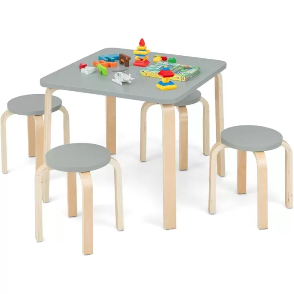 INFANS Kids Wooden Table and Stool Set, 5-Piece Activity Table with 4 Stools for Toddler Building Block Drawing Reading Art Crafts, Children Natural Furniture Set for Kindergarten Classroom