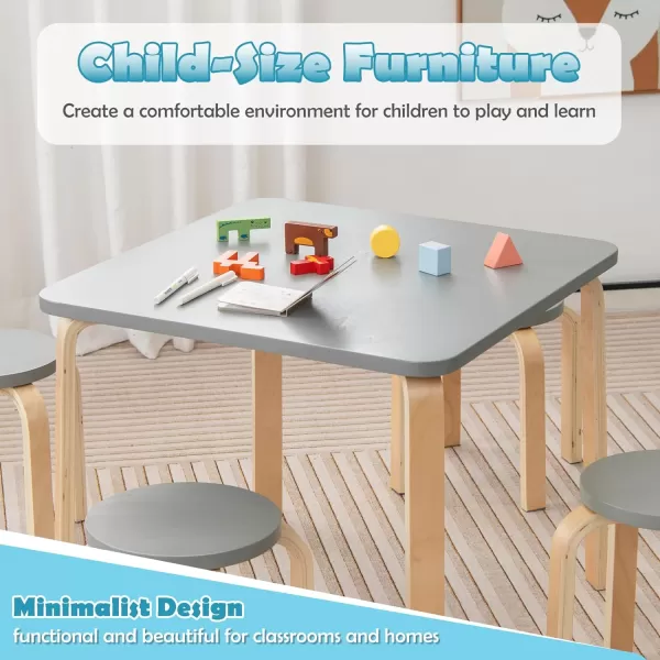 INFANS Kids Wooden Table and Stool Set, 5-Piece Activity Table with 4 Stools for Toddler Building Block Drawing Reading Art Crafts, Children Natural Furniture Set for Kindergarten Classroom