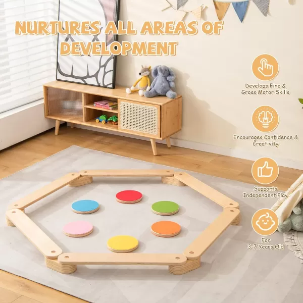 INFANS Montessori Wooden Balance Beam Stepping Stones for Kids Toddler,12 Piece Obstacle Course for Playroom Indoor Outdoor, Gymnastics Toy Furniture, Build Coordination Gross Motor Skills