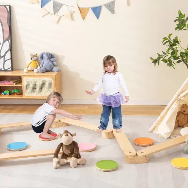 INFANS Montessori Wooden Balance Beam Stepping Stones for Kids Toddler,12 Piece Obstacle Course for Playroom Indoor Outdoor, Gymnastics Toy Furniture, Build Coordination Gross Motor Skills