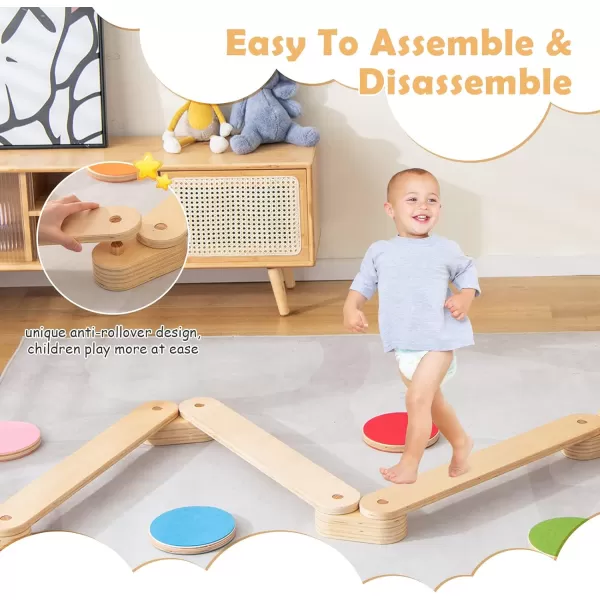 INFANS Montessori Wooden Balance Beam Stepping Stones for Kids Toddler,12 Piece Obstacle Course for Playroom Indoor Outdoor, Gymnastics Toy Furniture, Build Coordination Gross Motor Skills