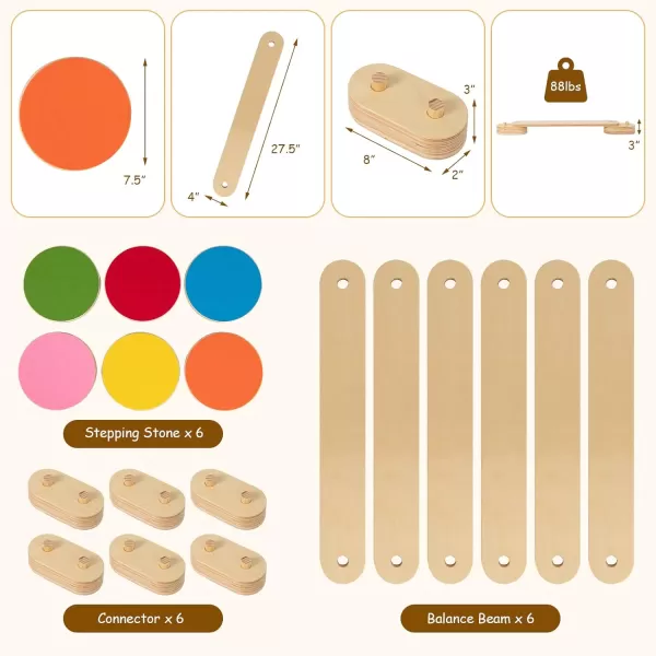INFANS Montessori Wooden Balance Beam Stepping Stones for Kids Toddler,12 Piece Obstacle Course for Playroom Indoor Outdoor, Gymnastics Toy Furniture, Build Coordination Gross Motor Skills