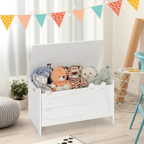 INFANS Wooden Toy Chest, Wide Kids Toy Box Storage Space with Safety Hinge Handles, Toddler Cabinet Organizer for Bedroom Playroom Living Room Entryway
