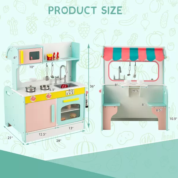 INFANS 2 in 1 Kids Play Kitchen and Restaurant, Double Sided Toddler Wooden Pretend Cooking Set with Stove Sink Microwave Storage Cabinet, Simulation Kitchen Toy Set for Boys Girls 