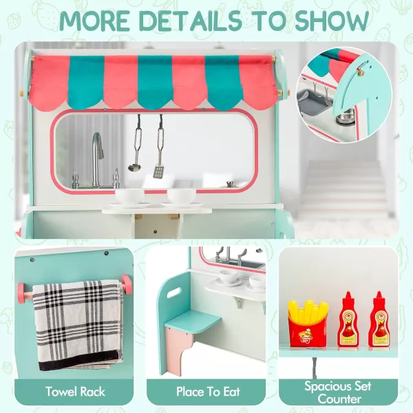 INFANS 2 in 1 Kids Play Kitchen and Restaurant, Double Sided Toddler Wooden Pretend Cooking Set with Stove Sink Microwave Storage Cabinet, Simulation Kitchen Toy Set for Boys Girls 