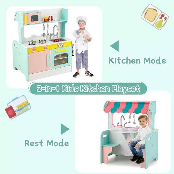 INFANS 2 in 1 Kids Play Kitchen and Restaurant, Double Sided Toddler Wooden Pretend Cooking Set with Stove Sink Microwave Storage Cabinet, Simulation Kitchen Toy Set for Boys Girls 