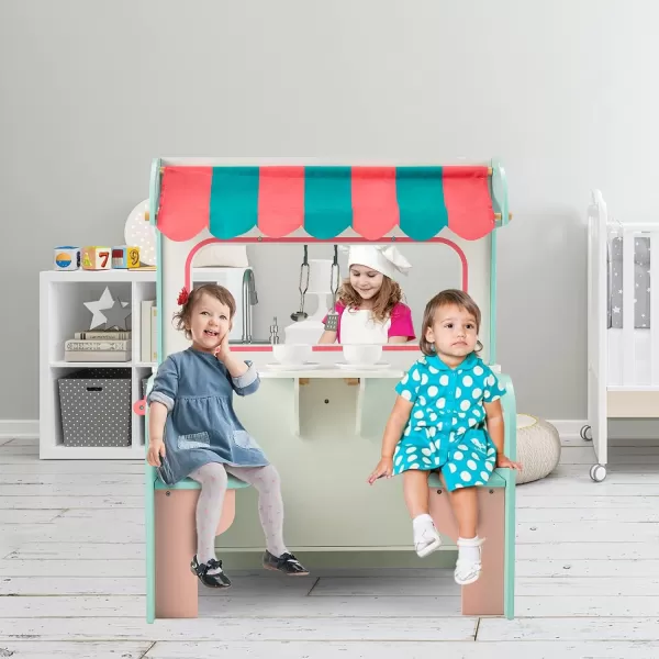 INFANS 2 in 1 Kids Play Kitchen and Restaurant, Double Sided Toddler Wooden Pretend Cooking Set with Stove Sink Microwave Storage Cabinet, Simulation Kitchen Toy Set for Boys Girls 