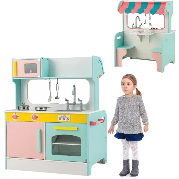 INFANS 2 in 1 Kids Play Kitchen and Restaurant, Double Sided Toddler Wooden Pretend Cooking Set with Stove Sink Microwave Storage Cabinet, Simulation Kitchen Toy Set for Boys Girls 