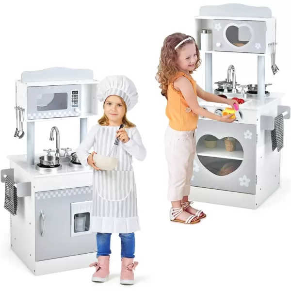 INFANS 2 in 1 Kids Play Kitchen and Restaurant, Double Sided Toddler Wooden Pretend Cooking Set with Stove Sink Microwave Storage Cabinet, Simulation Kitchen Toy Set for Boys Girls 