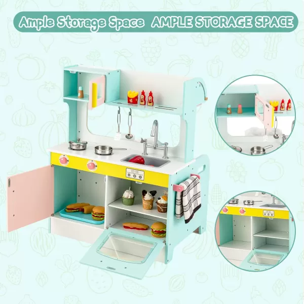 INFANS 2 in 1 Kids Play Kitchen and Restaurant, Double Sided Toddler Wooden Pretend Cooking Set with Stove Sink Microwave Storage Cabinet, Simulation Kitchen Toy Set for Boys Girls 