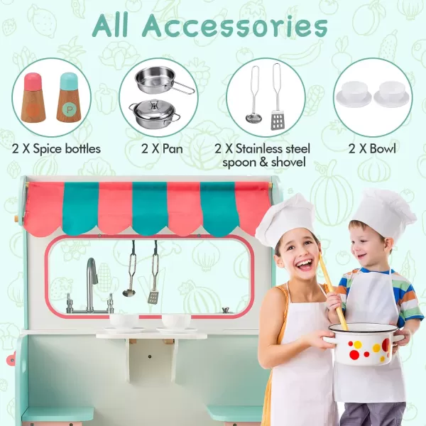 INFANS 2 in 1 Kids Play Kitchen and Restaurant, Double Sided Toddler Wooden Pretend Cooking Set with Stove Sink Microwave Storage Cabinet, Simulation Kitchen Toy Set for Boys Girls 
