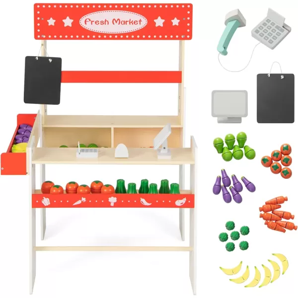 INFANS Grocery Store Marketplace Toy, Kids Wooden Market Stand Pretend Play Set with Chalkboard Cash Register and 36 Fruit Veggies Pieces, Shop Playset Gift for Boys Girls Ages 3+