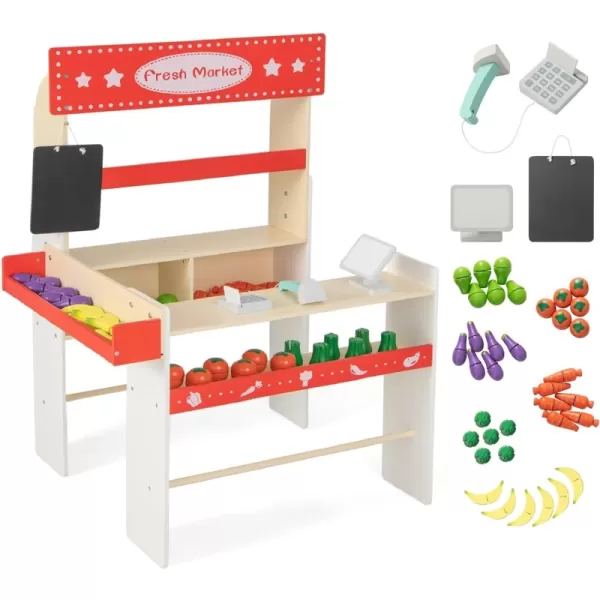 INFANS Grocery Store Marketplace Toy, Kids Wooden Market Stand Pretend Play Set with Chalkboard Cash Register and 36 Fruit Veggies Pieces, Shop Playset Gift for Boys Girls Ages 3+