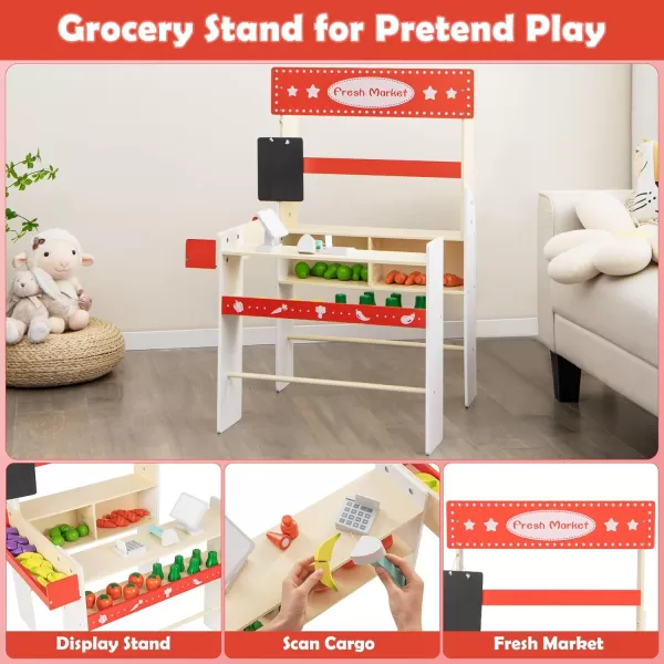 INFANS Grocery Store Marketplace Toy, Kids Wooden Market Stand Pretend Play Set with Chalkboard Cash Register and 36 Fruit Veggies Pieces, Shop Playset Gift for Boys Girls Ages 3+