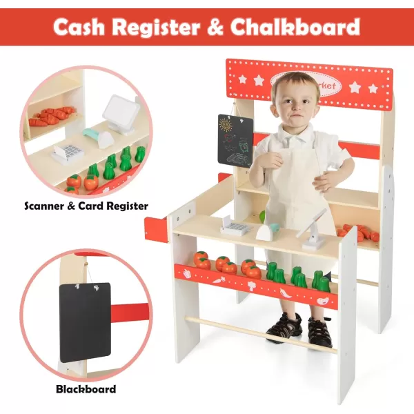 INFANS Grocery Store Marketplace Toy, Kids Wooden Market Stand Pretend Play Set with Chalkboard Cash Register and 36 Fruit Veggies Pieces, Shop Playset Gift for Boys Girls Ages 3+