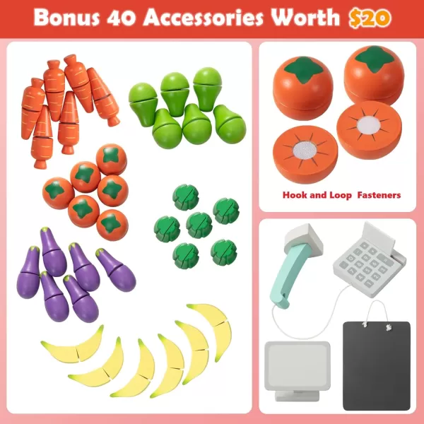 INFANS Grocery Store Marketplace Toy, Kids Wooden Market Stand Pretend Play Set with Chalkboard Cash Register and 36 Fruit Veggies Pieces, Shop Playset Gift for Boys Girls Ages 3+