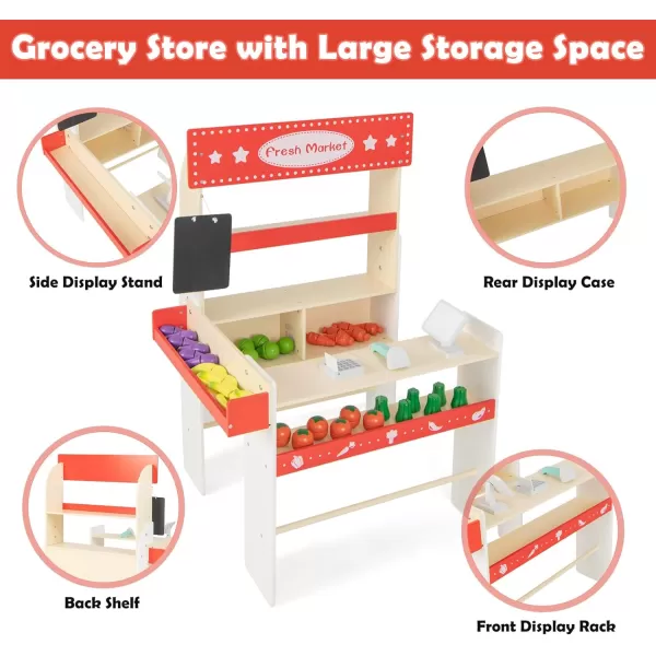 INFANS Grocery Store Marketplace Toy, Kids Wooden Market Stand Pretend Play Set with Chalkboard Cash Register and 36 Fruit Veggies Pieces, Shop Playset Gift for Boys Girls Ages 3+