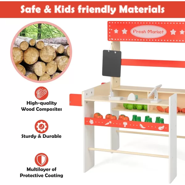 INFANS Grocery Store Marketplace Toy, Kids Wooden Market Stand Pretend Play Set with Chalkboard Cash Register and 36 Fruit Veggies Pieces, Shop Playset Gift for Boys Girls Ages 3+