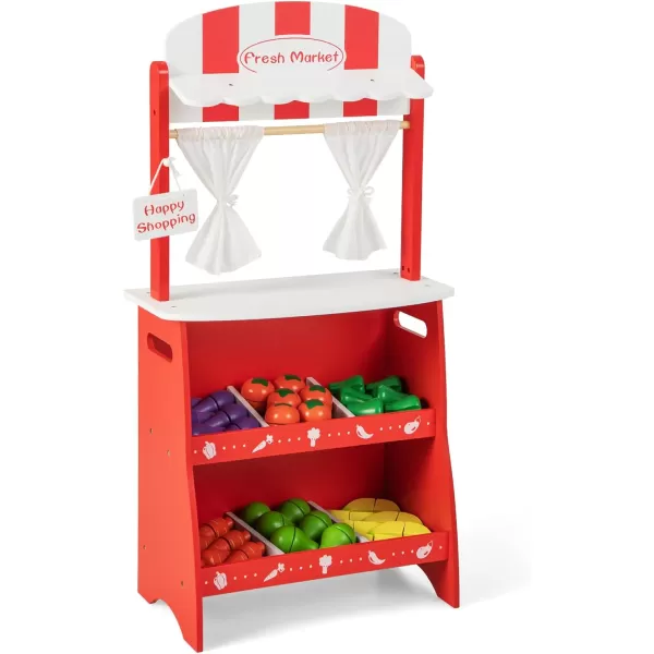 INFANS Grocery Store Marketplace Toy for Kids, Wooden Market Stand Pretend Play Set with 36 Cutting Vegetables Fruits Pieces, Role Food Shop Playset Gift for Boys Girls Ages 3+