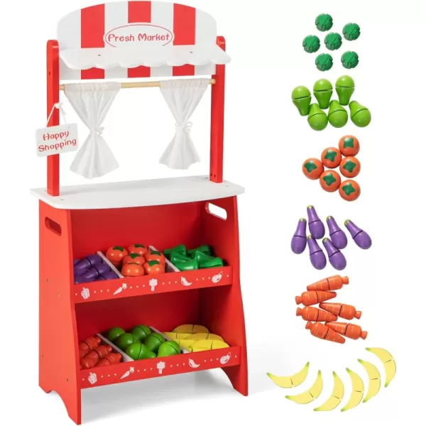 INFANS Grocery Store Marketplace Toy for Kids, Wooden Market Stand Pretend Play Set with 36 Cutting Vegetables Fruits Pieces, Role Food Shop Playset Gift for Boys Girls Ages 3+