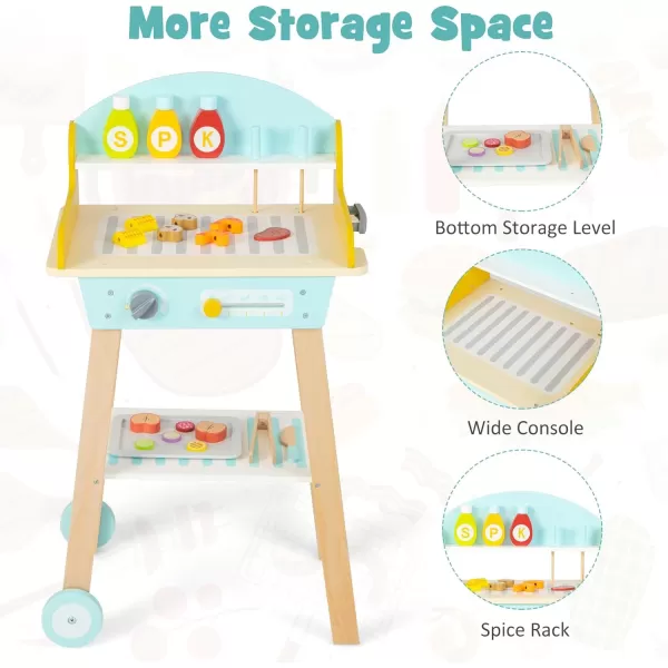 INFANS Kids Grill Playset, Wooden Pretend BBQ Toy Set with 21 Food Accessories, Role Play Kitchen Cooking Set Gift for Toddlers Boys Girls Age 3+