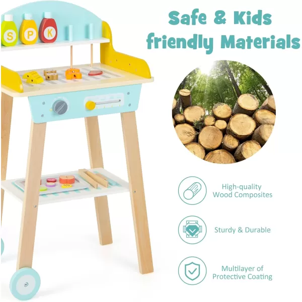 INFANS Kids Grill Playset, Wooden Pretend BBQ Toy Set with 21 Food Accessories, Role Play Kitchen Cooking Set Gift for Toddlers Boys Girls Age 3+