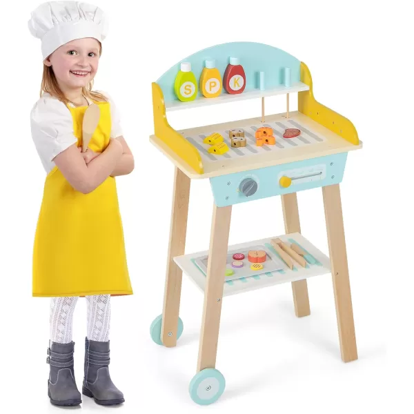 INFANS Kids Grill Playset, Wooden Pretend BBQ Toy Set with 21 Food Accessories, Role Play Kitchen Cooking Set Gift for Toddlers Boys Girls Age 3+