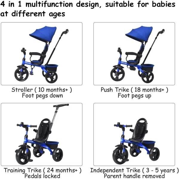 INFANS Kids Tricycle, 4 in 1 Stroll Trike with Adjustable Push Handle, Removable Canopy, Retractable Foot Plate, Lockable Pedal, Detachable Guardrail, Suitable for 10 Months to 5 Years 