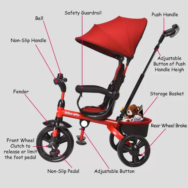 INFANS Kids Tricycle, 4 in 1 Stroll Trike with Adjustable Push Handle, Removable Canopy, Retractable Foot Plate, Lockable Pedal, Detachable Guardrail, Suitable for 10 Months to 5 Years 